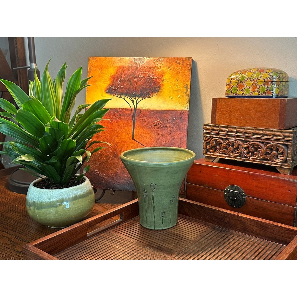 Diana Fayt Synergy Designs Green Pottery Vase Artist Signed Made in Hungary 6in